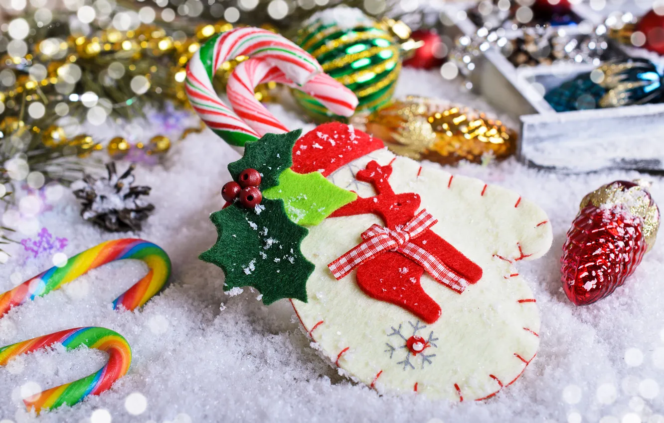 Photo wallpaper snow, decoration, balls, New Year, Christmas, Christmas, Xmas, cookies, decoration, Merry