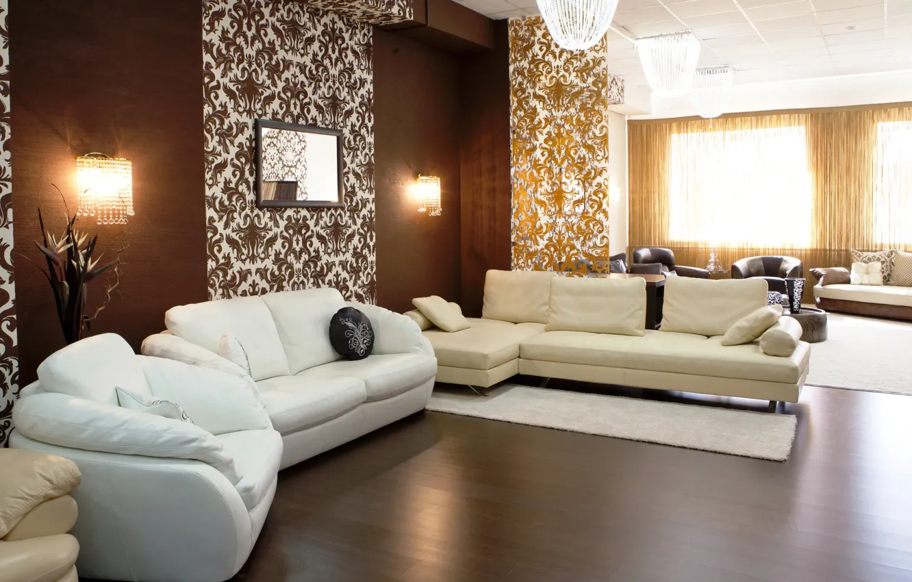 Photo wallpaper white, design, style, lamp, sofa, tree, interior, chair, pillow, flooring, brown, beige, living room