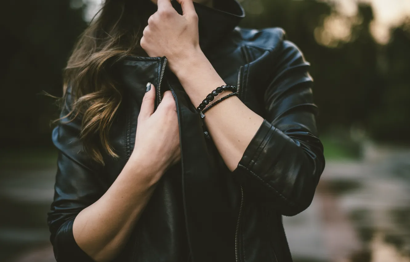 Photo wallpaper black, hands, jacket, bracelets, kozhanka