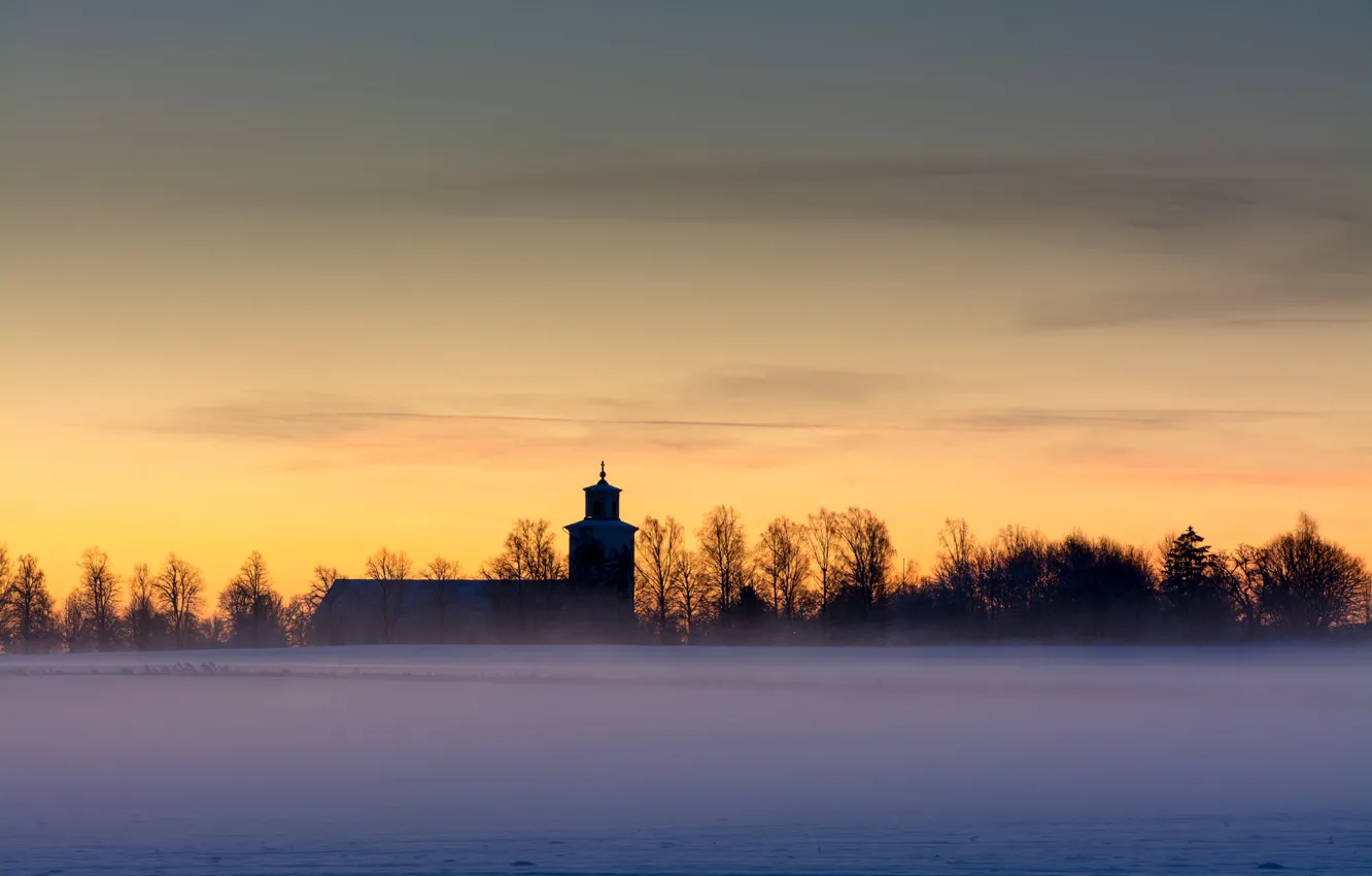 Photo wallpaper winter, field, the sky, clouds, snow, trees, fog, dawn, morning, yellow, Sweden, Church