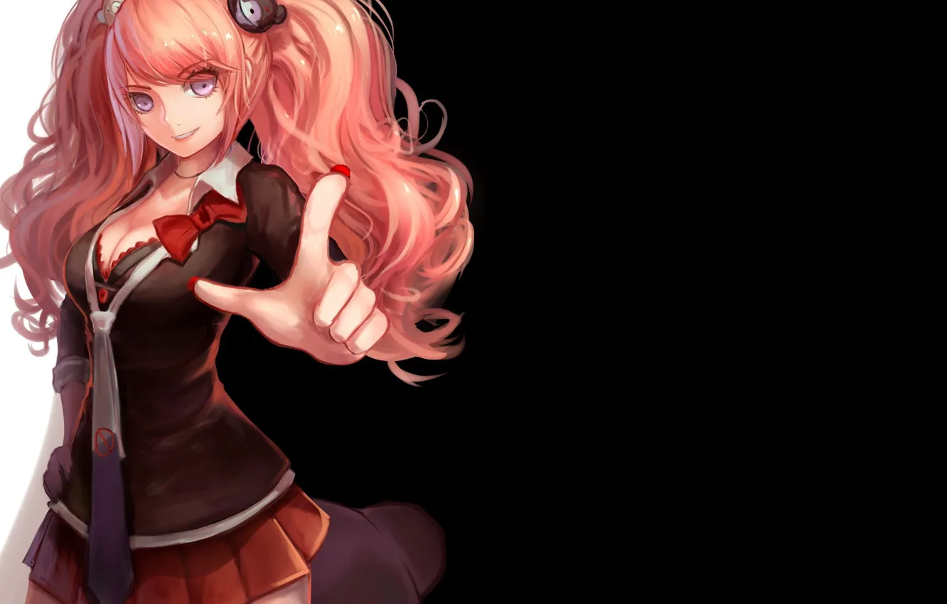 Wallpaper game, pink hair, bear, anime, beautiful, background, purple eyes,  pretty, victory, black and white, asian, teddy bear, pose, cute, pretty  girl, japanese images for desktop, section прочее - download