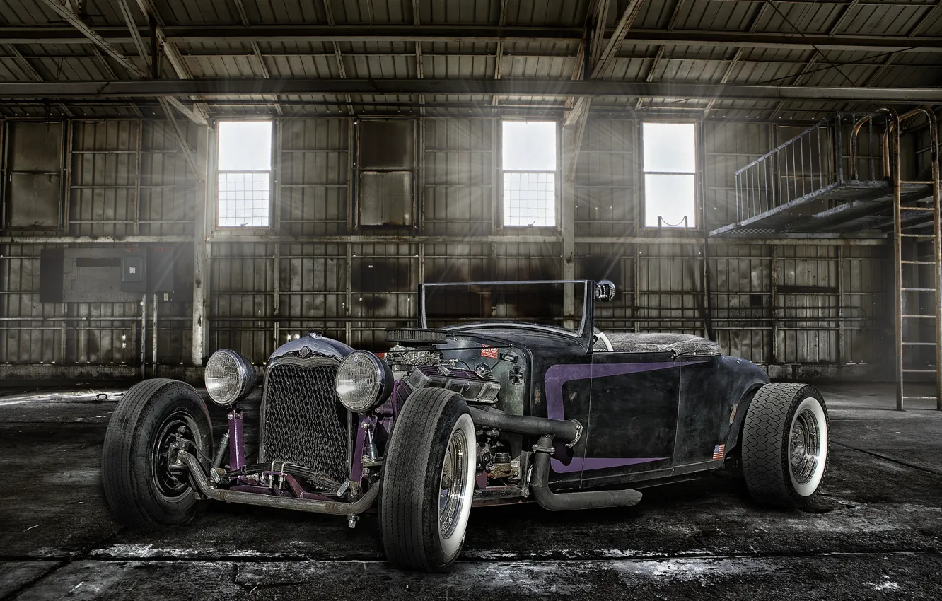 Photo wallpaper retro, hangar, classic, the front, hot-rod, classic car