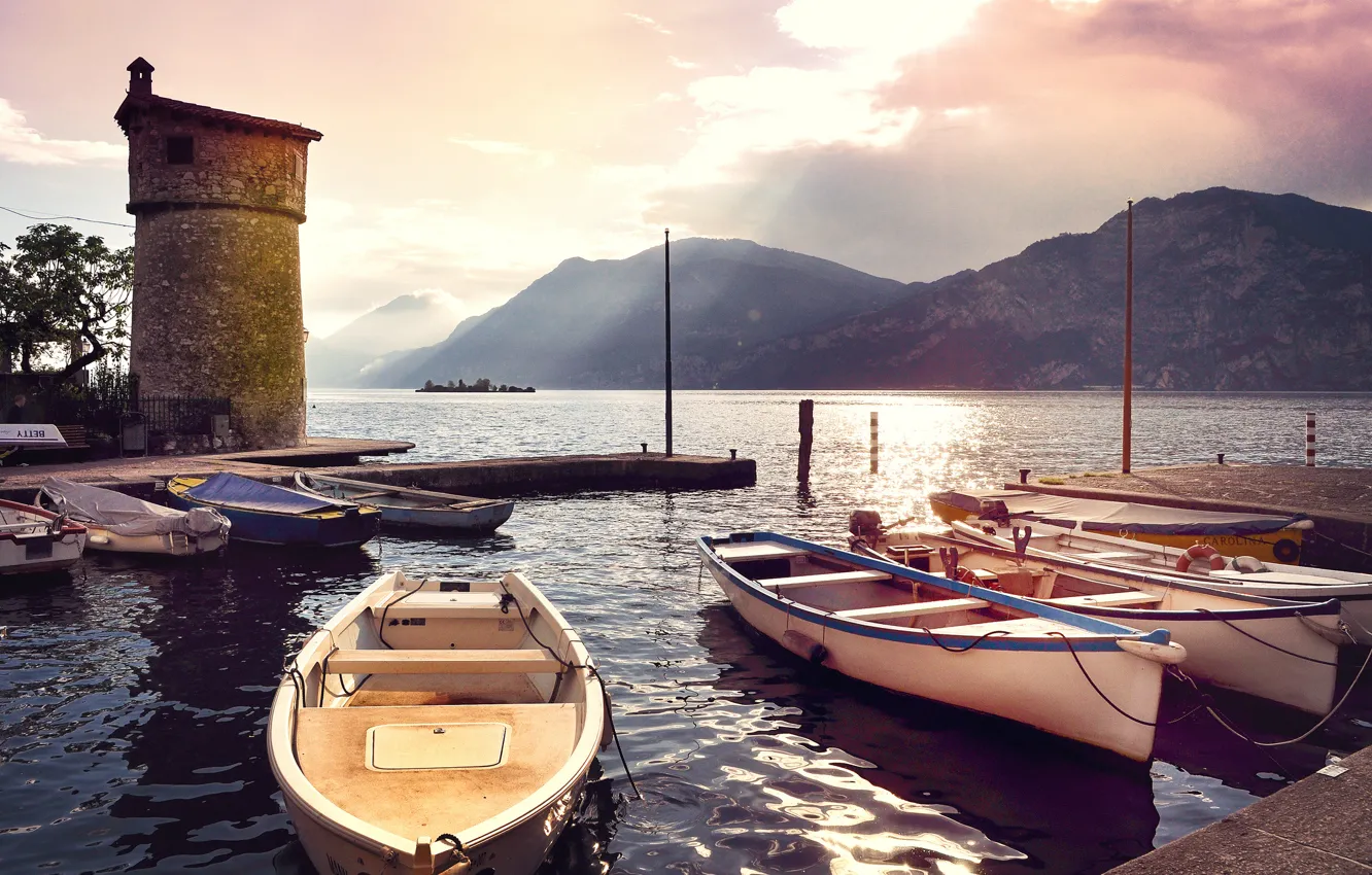 Photo wallpaper sea, mountains, boats, morning, pier, Italy