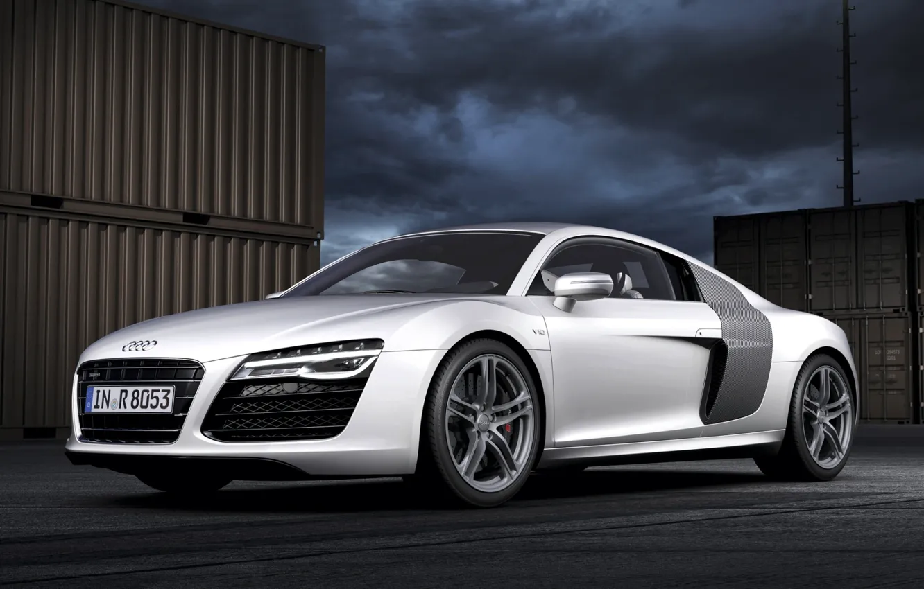 Photo wallpaper the sky, night, background, Audi, Audi, silver, supercar, the front, containers, V10, B10