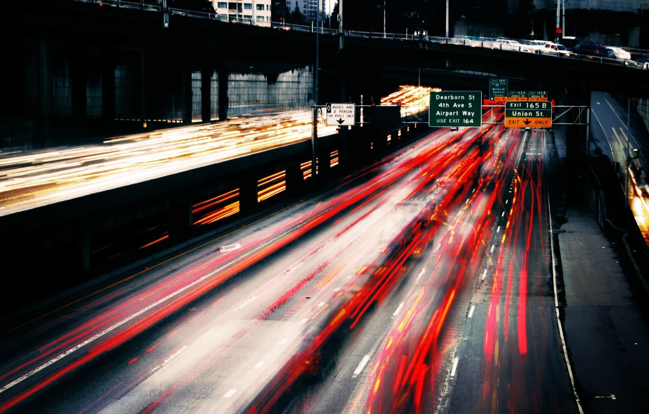 Photo wallpaper bridge, lights, glare, movement, speed, freeway