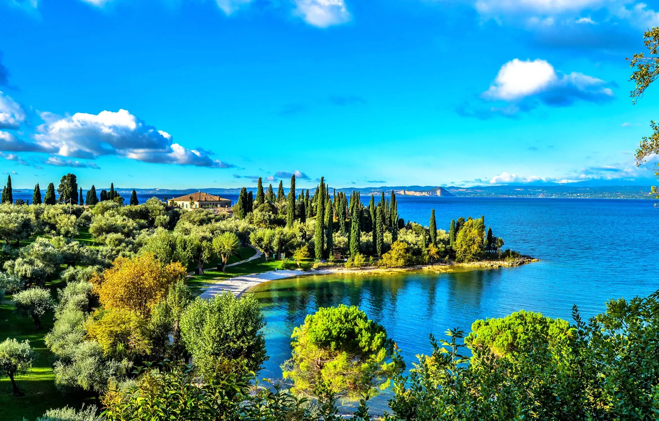 Photo wallpaper road, the sky, the sun, clouds, trees, lake, house, shore, Italy, Gardasee