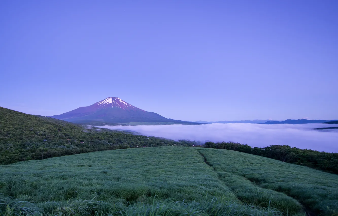 Photo wallpaper the sky, fog, mountain, the evening, the volcano, Japan, blue, Honshu, Fuji