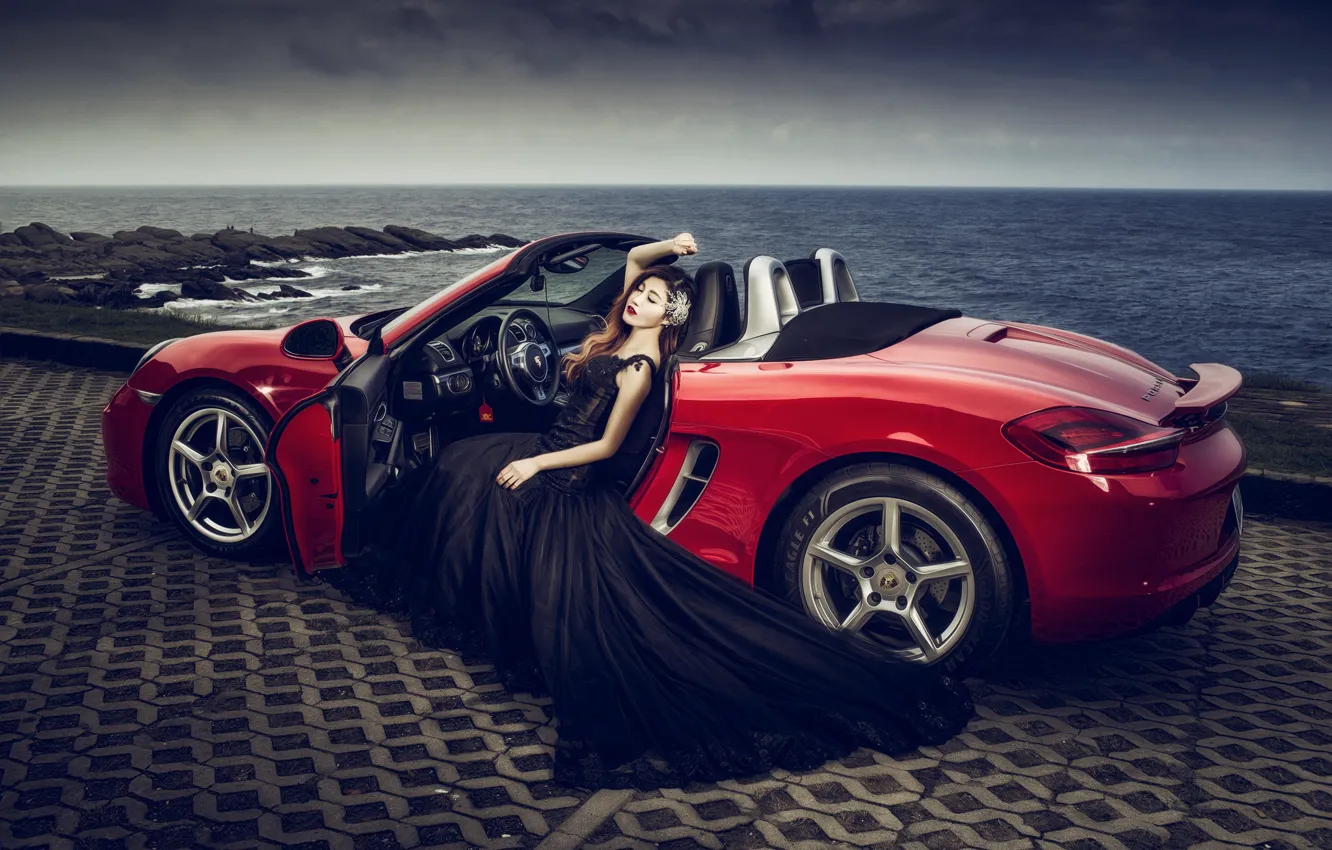Photo wallpaper sea, machine, auto, girl, pose, style, Porsche, dress, convertible, Asian, promenade