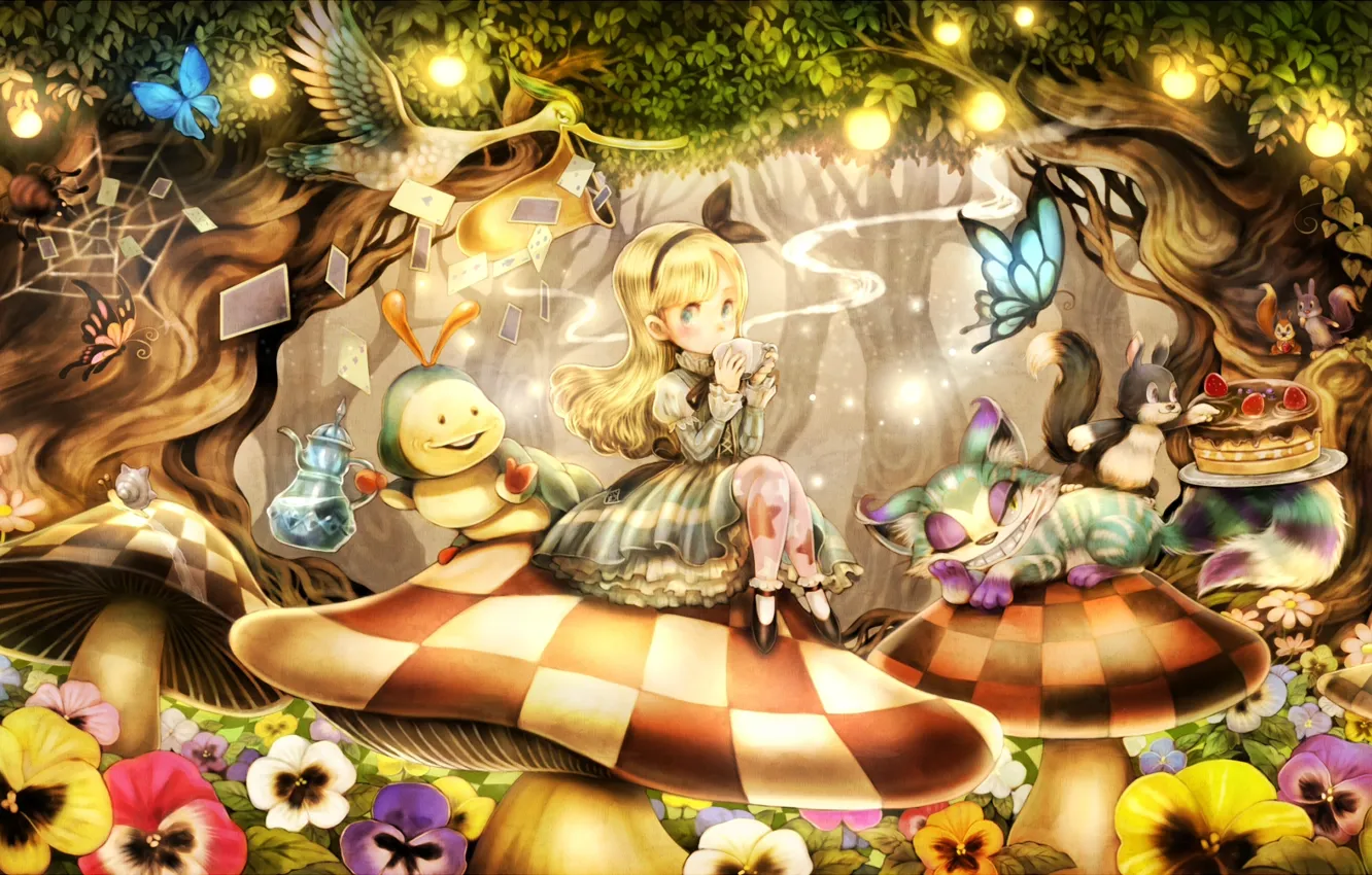 Wallpaper Butterfly Caterpillar Bird Mushrooms Spiders Protein The Tea Party Girl Cheshire Cat Alice In Wonderland Images For Desktop Section Prochee Download