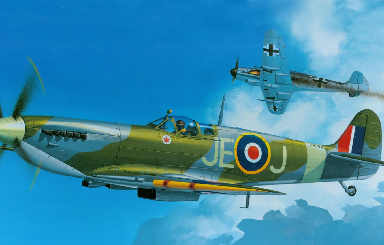 Photo wallpaper Spitfire, FIGURE, RAF, Supermarine, Mk.IXC, BF-109, English fighter of the Second world war