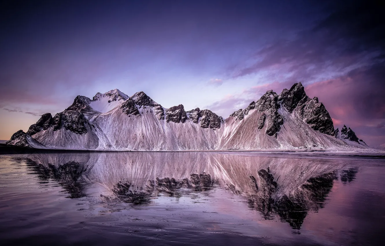 Photo wallpaper beach, mountains, reflection, Iceland, Stones