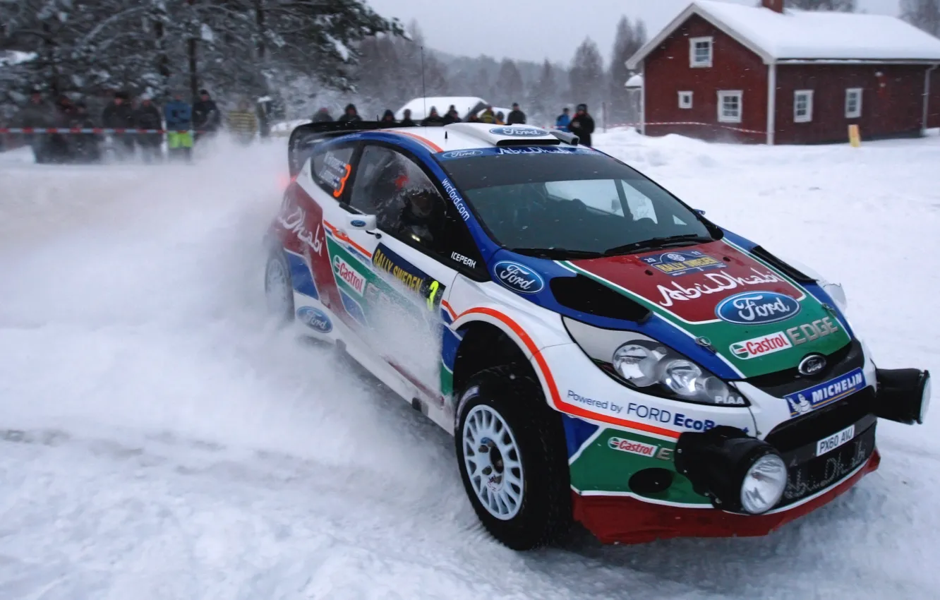 Photo wallpaper Ford, Winter, Auto, Snow, Sport, Machine, Race, The hood, Skid, Lights, WRC, the front, Rally, …