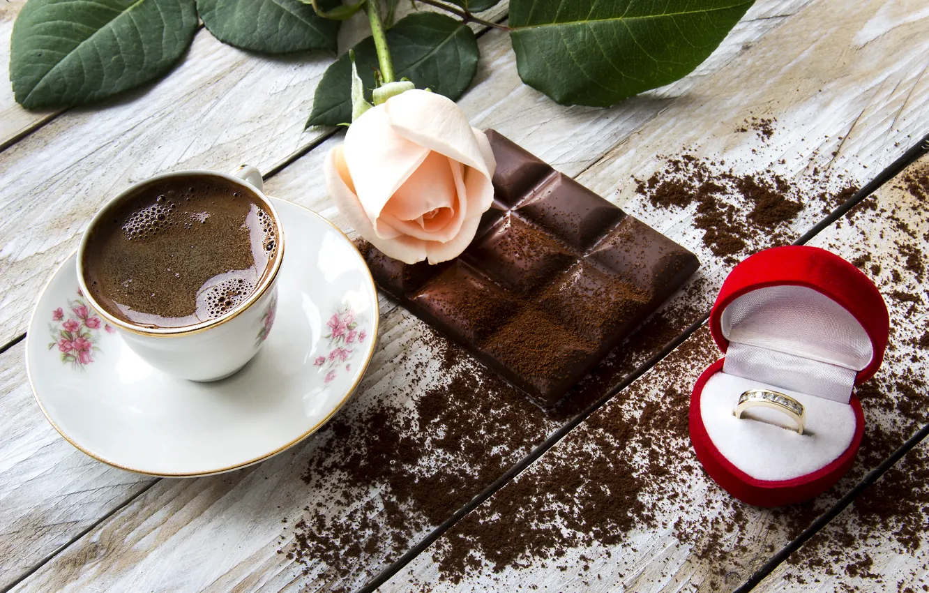 Photo wallpaper coffee, food, chocolate, roses, ring, Cup, still life