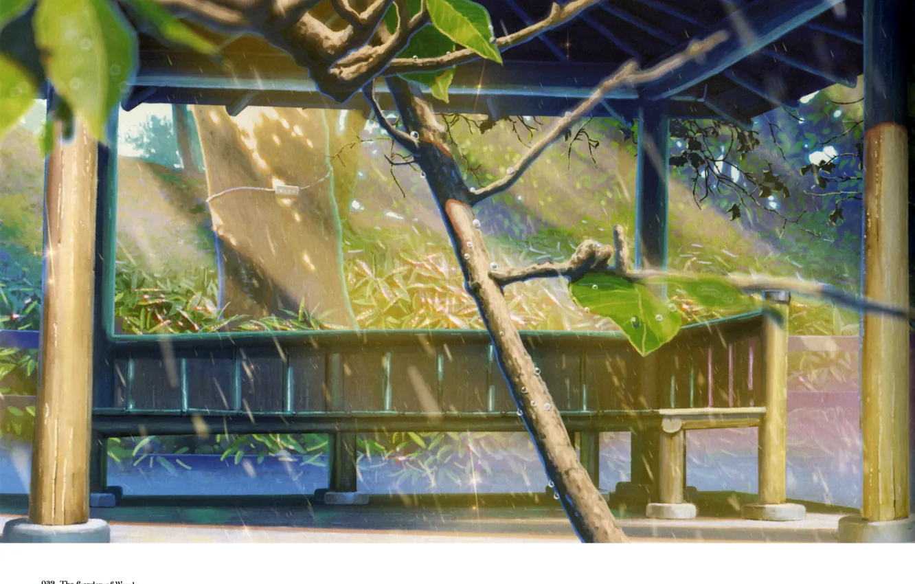 Photo wallpaper drops, bench, Park, rain, gazebo, kotonoha no niwa, garden of fine words, by makoto shinkai