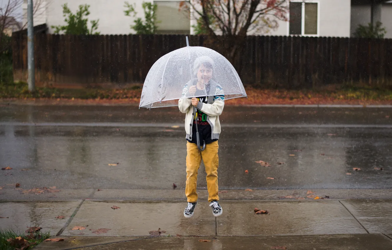 Photo wallpaper jump, child, umbrella, boy