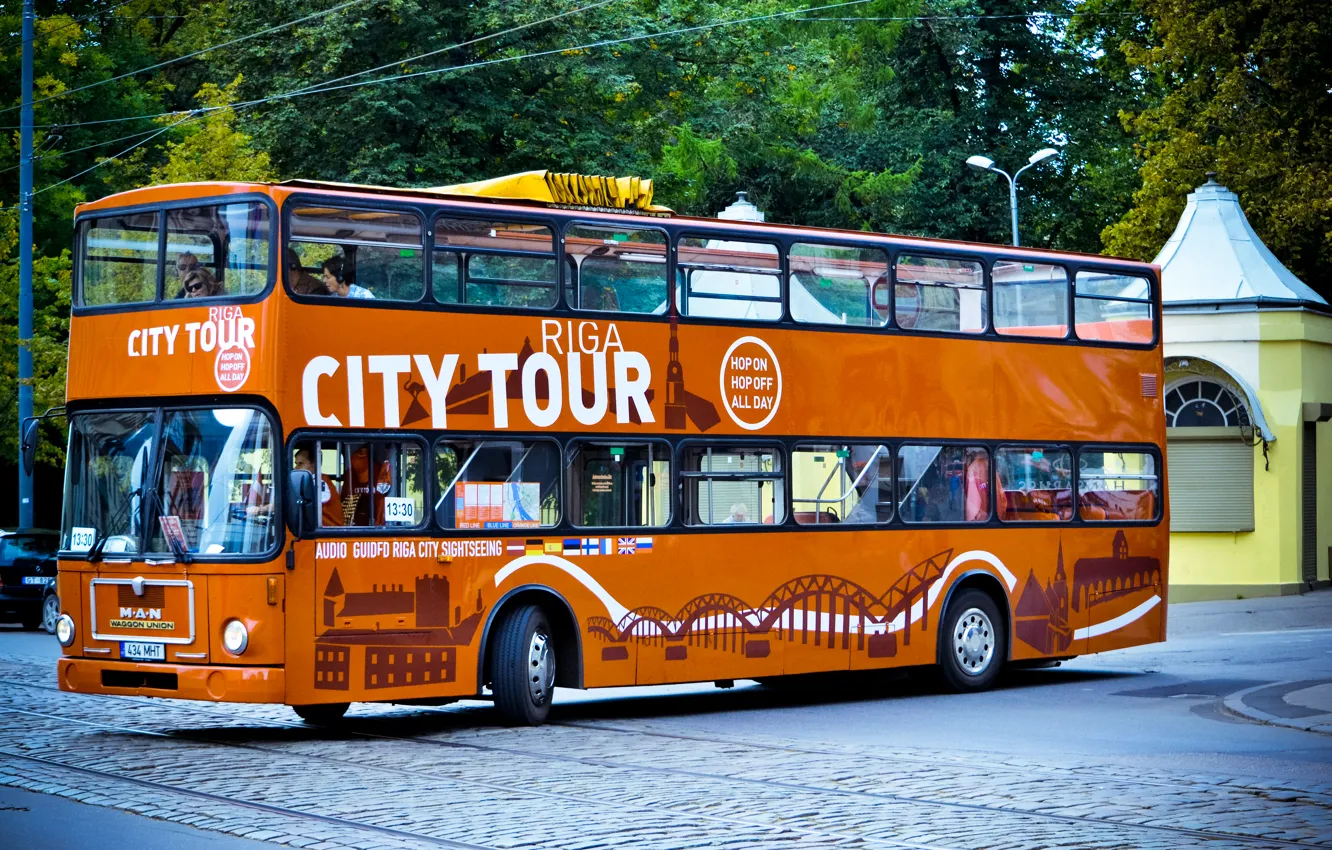 Photo wallpaper orange, bus, MAN, two-storey, Riga city tour, Double Decker