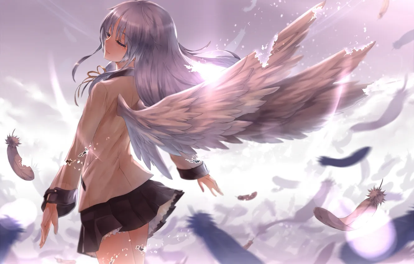 Photo wallpaper girl, light, wings, angel, feathers, Kanade Tachibana, Angel Beats