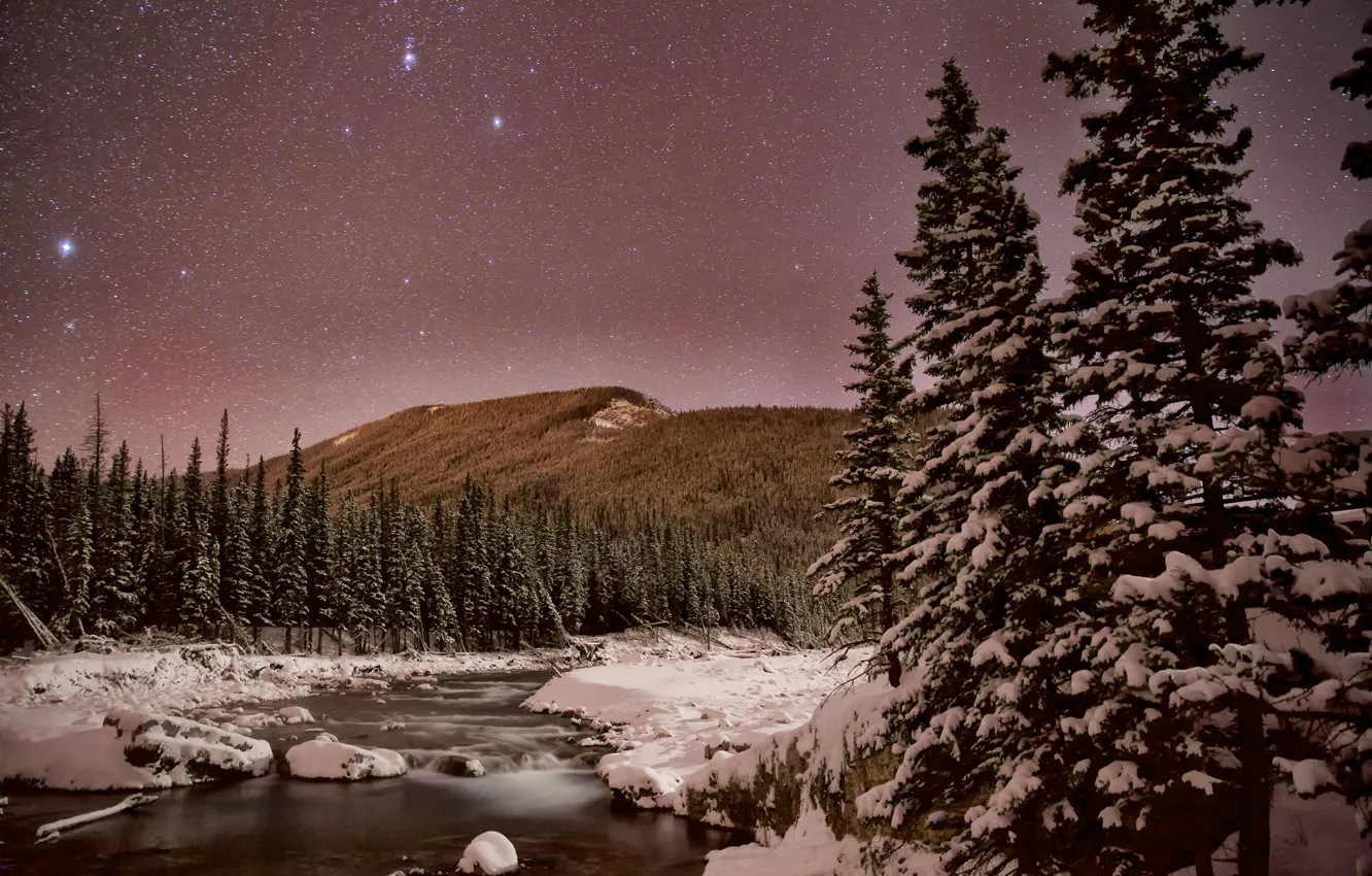 Photo wallpaper winter, the sky, stars, snow, trees, mountains, night, river, Canada, Albert, Kananaskis