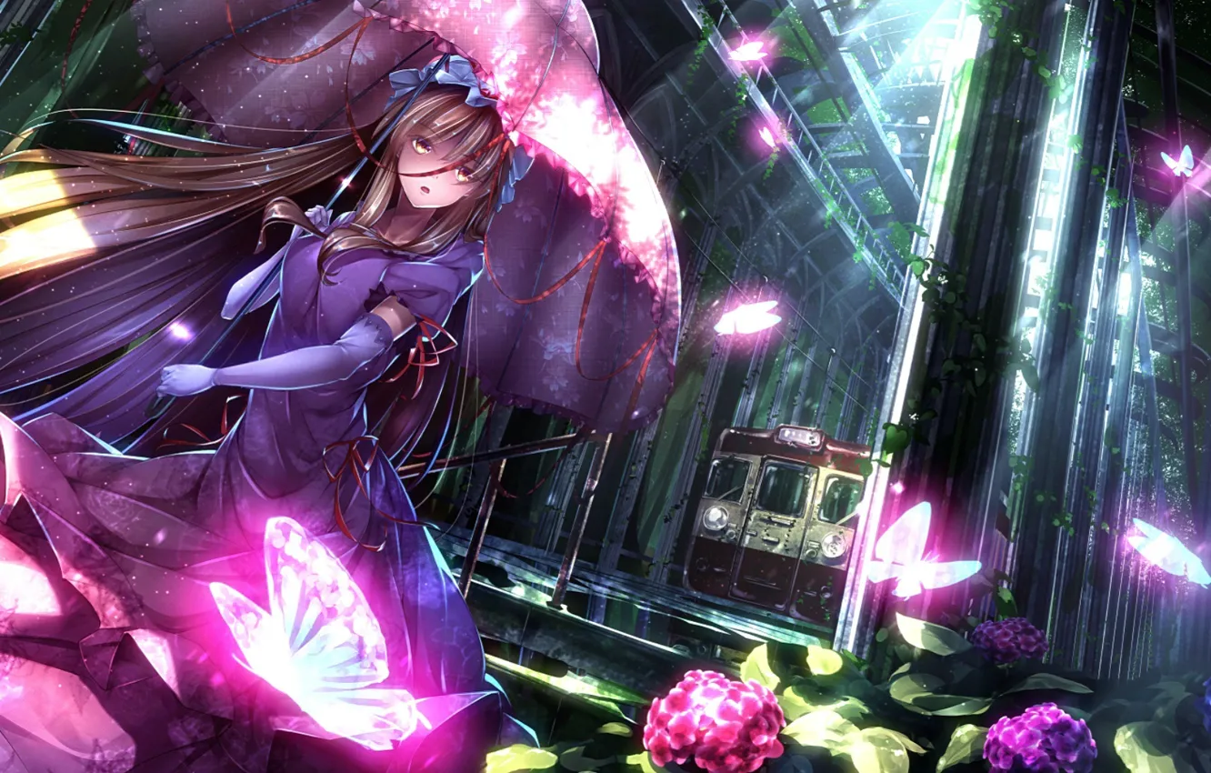 Photo wallpaper rays, light, butterfly, station, umbrella, the tunnel, the car, touhou, hydrangea, strikingly is wait