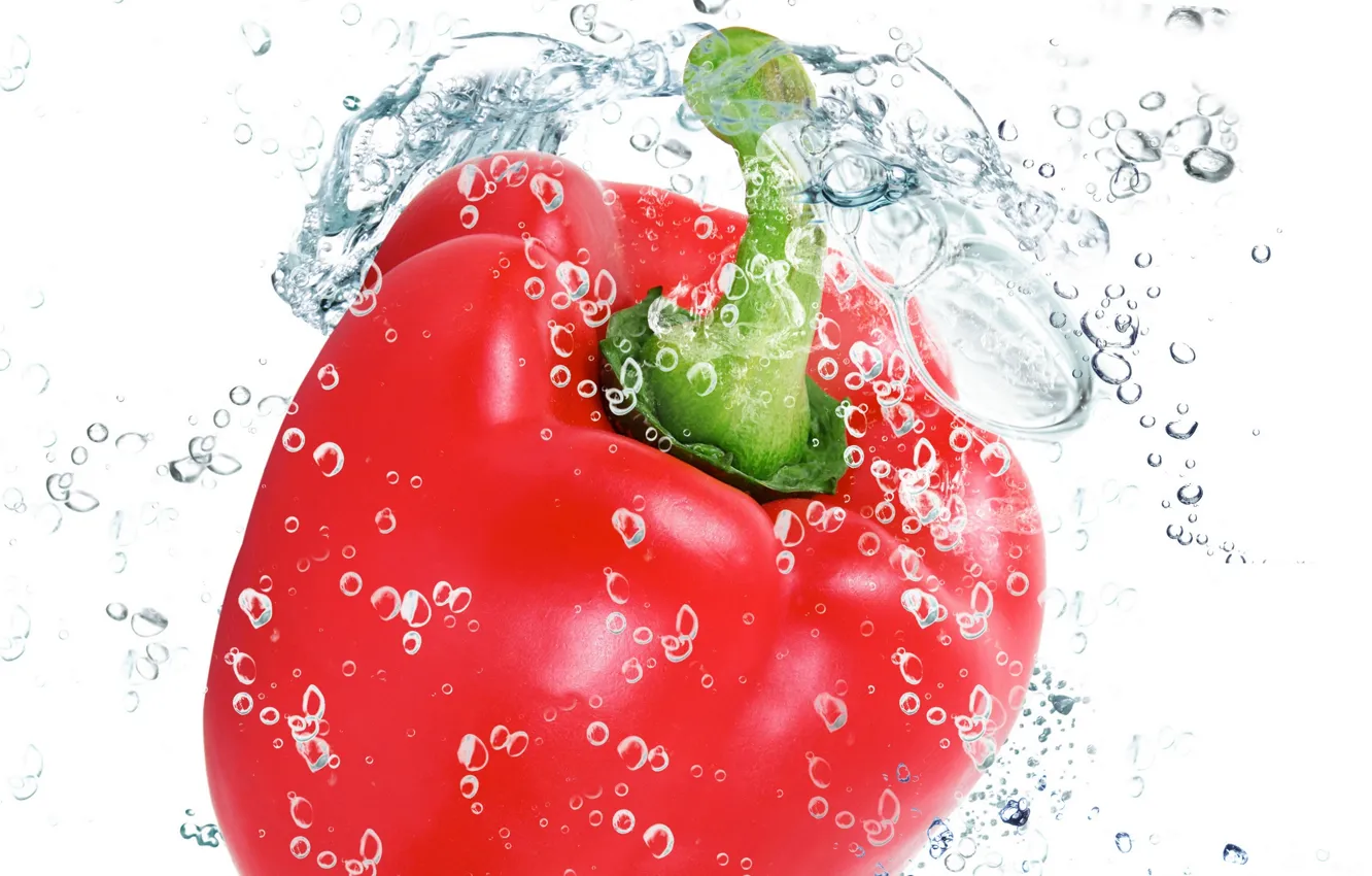 Photo wallpaper water, drops, squirt, freshness, red, red, pepper, water, drops, vegetable, Bulgarian, paprika, pepper, spray, vegetable, …