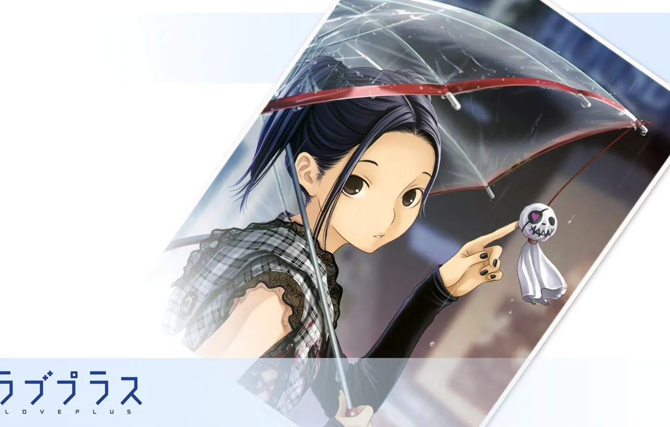 Photo wallpaper drops, umbrella, girl, red, keychain, thread, Kobayakawa Rinko, Loveplus