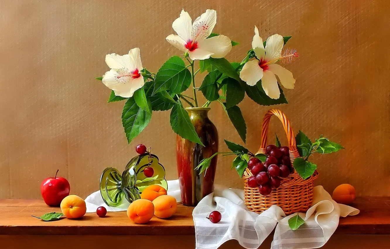 Photo wallpaper flowers, vase, fruit, basket