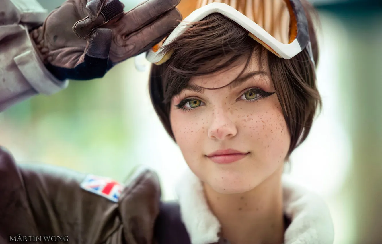 Photo wallpaper eyes, girl, face, freckles, girl, eyes, cosplay, face, cute, Cosplay, Overwatch, Tracer, tracer, overwatch