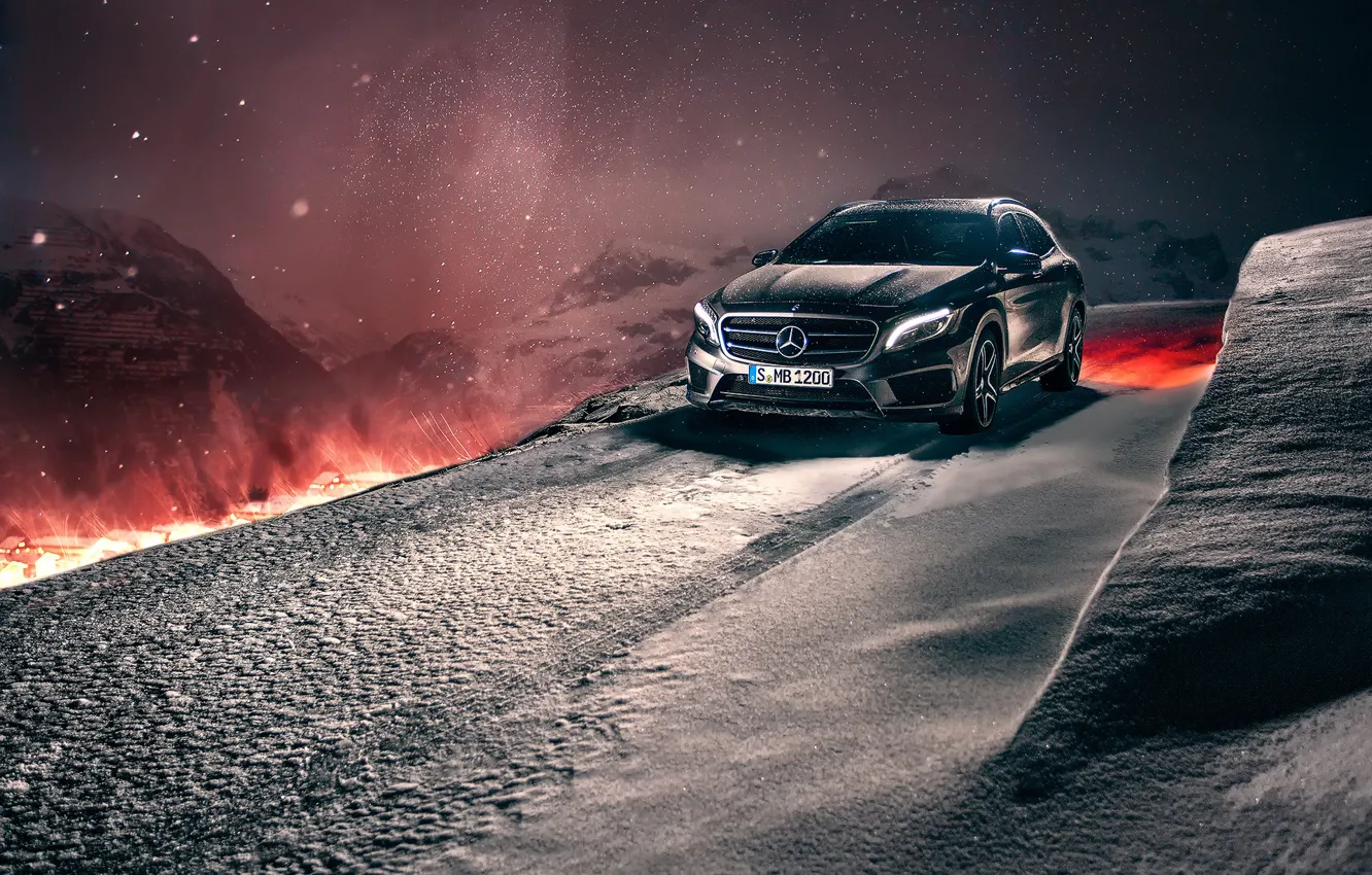 Photo wallpaper winter, snow, mountains, night, Mercedes-Benz, crossover, GLA