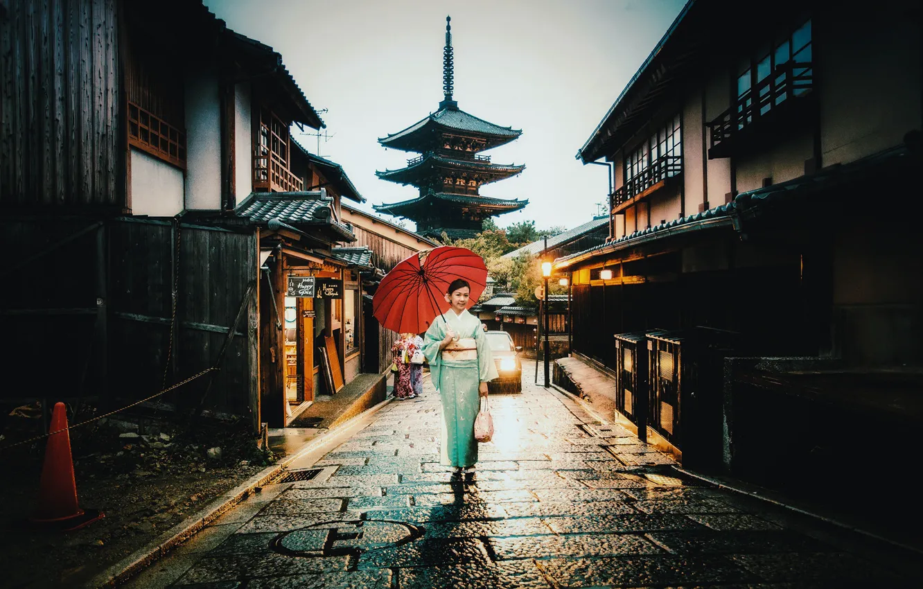 Photo wallpaper car, woman, umbrella, street, village, raining