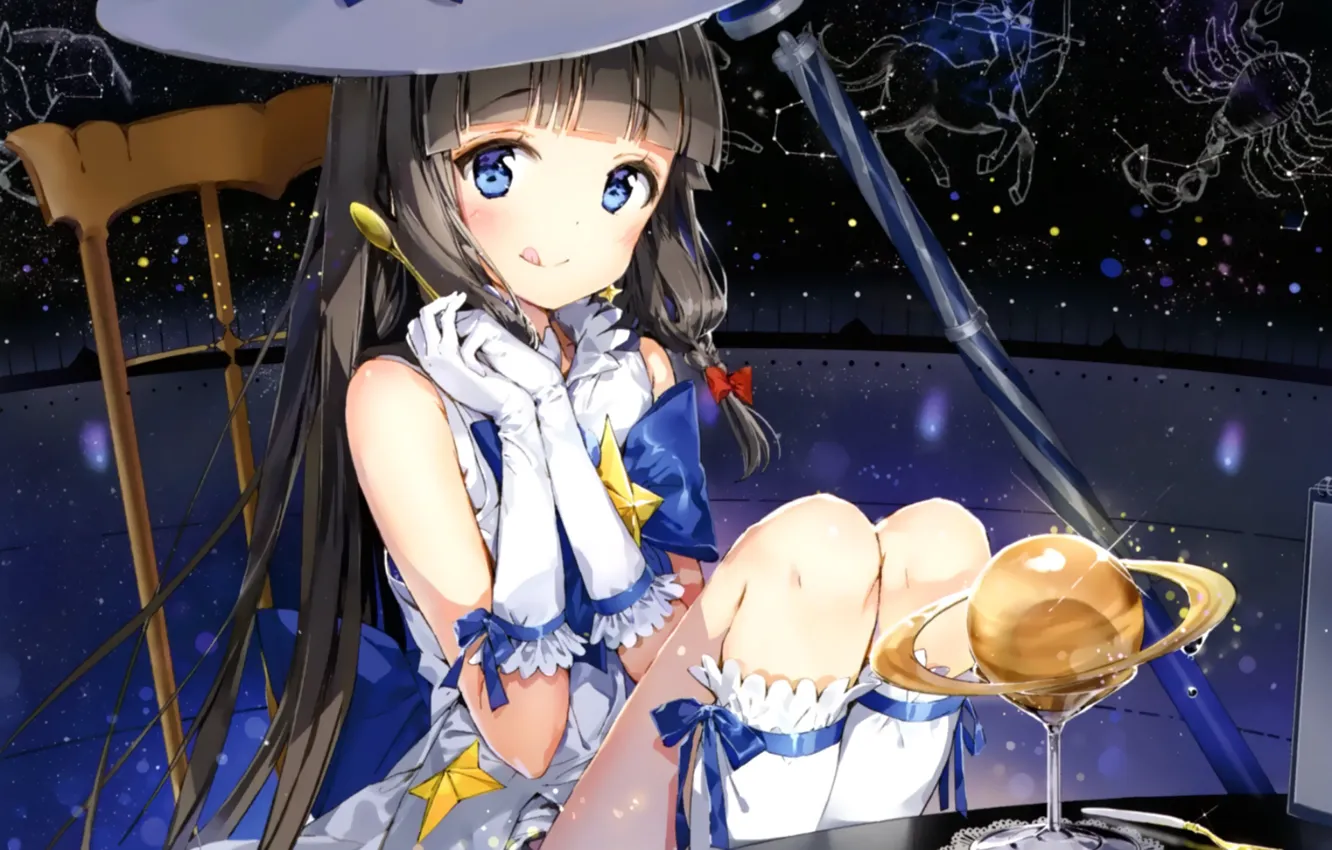 Photo wallpaper the sky, tongue, Saturn, stockings, chair, spoon, gloves, constellation, blue eyes, the witch, art, Houkago …