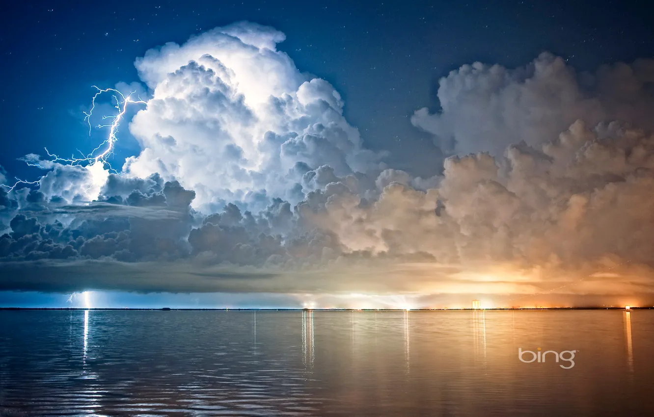 Photo wallpaper the sky, clouds, element, lightning, USA, Florida, Cape Canaveral