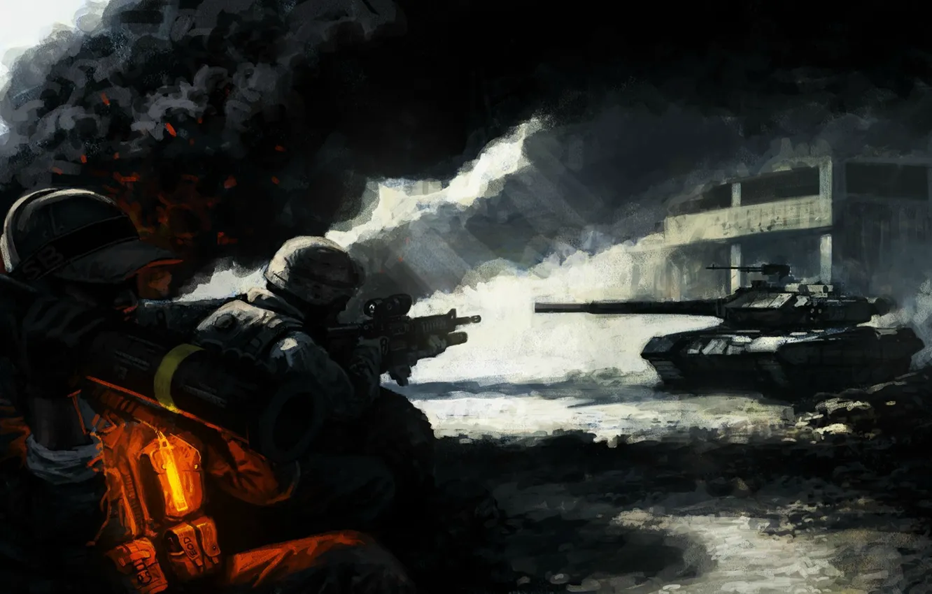 Photo wallpaper light, ash, weapons, smoke, the building, art, soldiers, tank, infantry