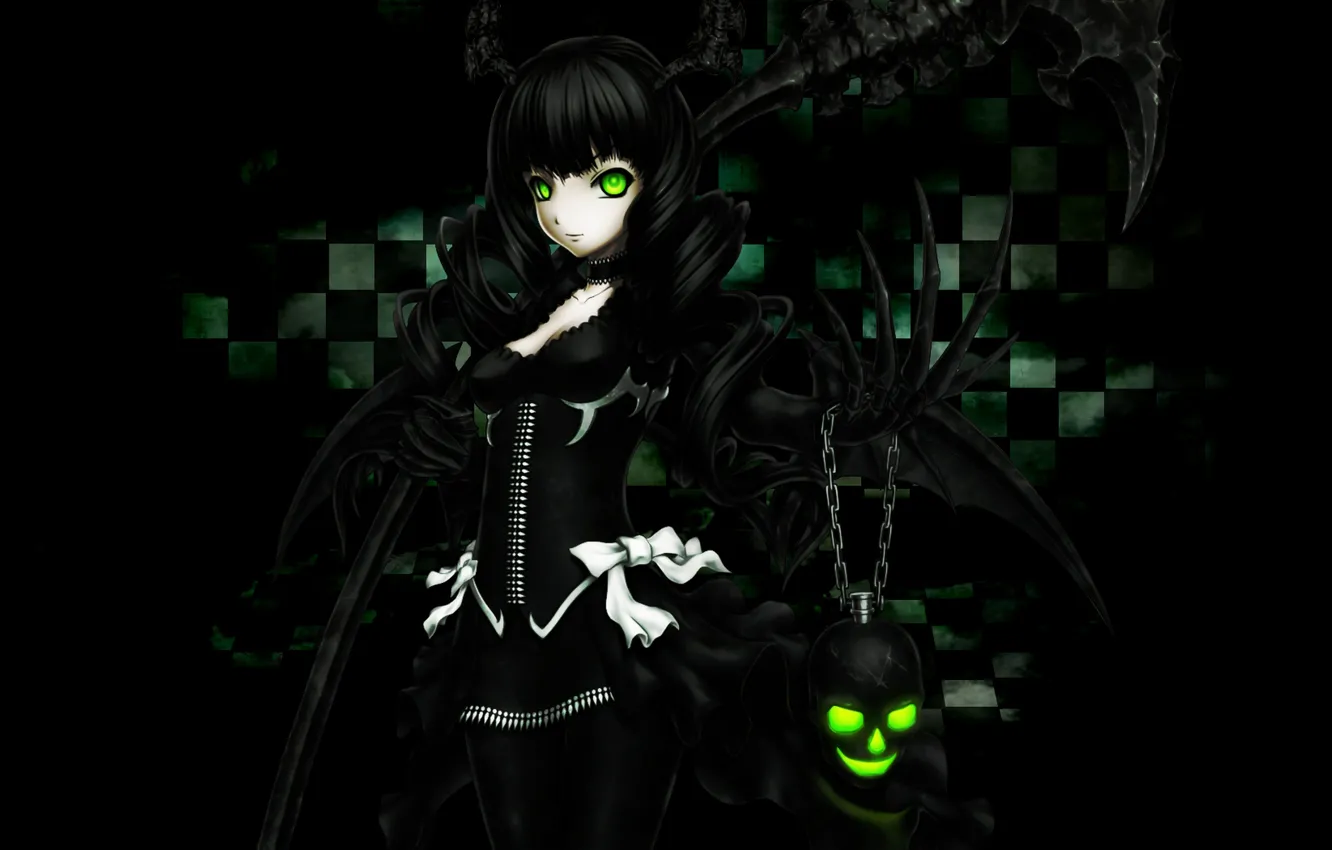 Wallpaper girl, the inscription, skull, chain, claws, horns, bow, black  rock shooter, green eyes, dead master, black hair, twisted hair, a light  smile images for desktop, section сэйнэн - download