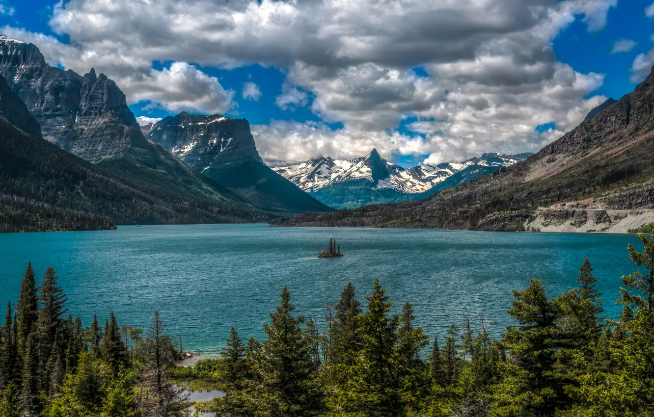 Photo wallpaper clouds, mountains, lake, Montana, island, Glacier National Park, Saint Mary Lake, Rocky mountains, Montana, Glacier …