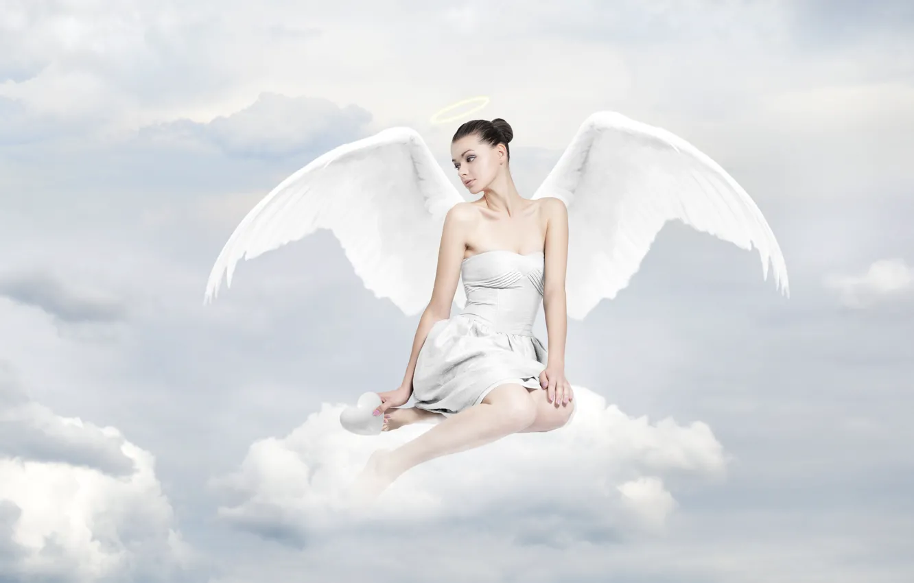 Photo wallpaper girl, white, sky, wings, beautiful, clouds, people, angel, lady, amazing
