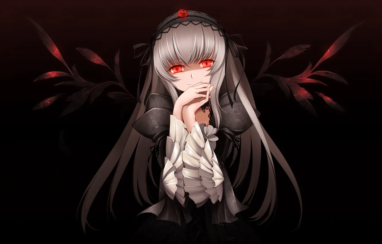 Photo wallpaper girl, the dark background, wings, feathers, art, red eyes, rozen maiden, suigintou, mtyy