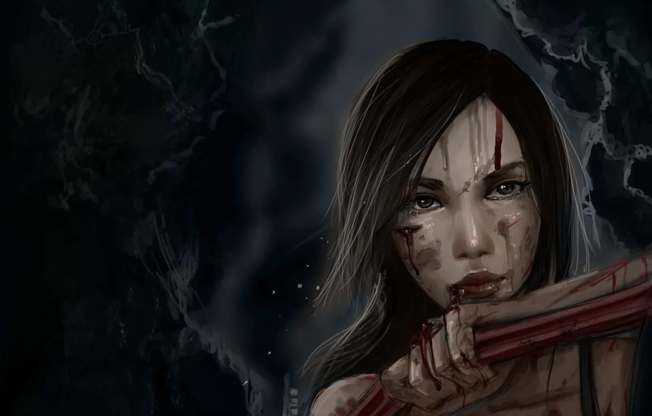Photo wallpaper girl, face, blood, art, Lara Croft, wounds