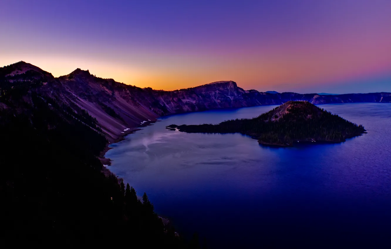 Photo wallpaper sunset, mountains, lake, island, USA, Oregon, Crater Lake
