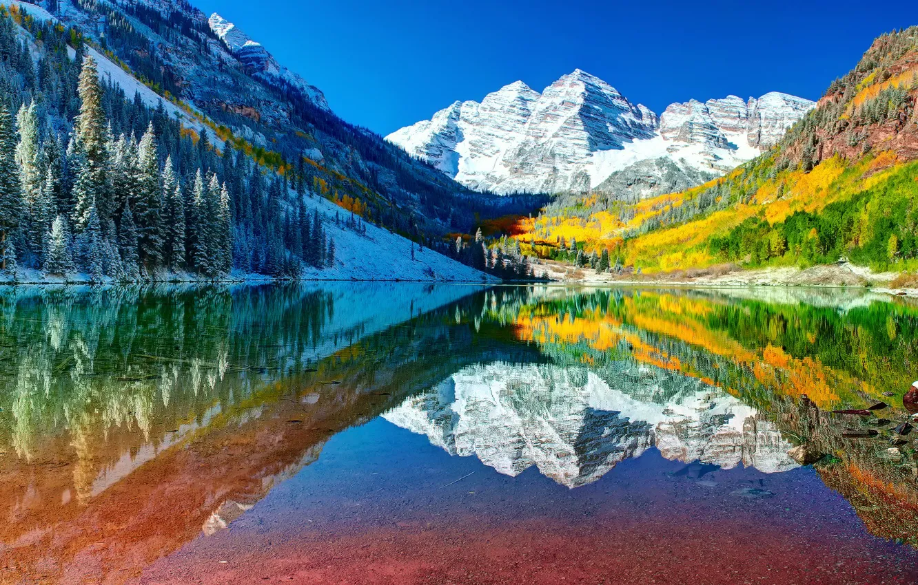 Photo wallpaper autumn, forest, the sky, water, snow, reflection, mountains, lake, Colorado, USA
