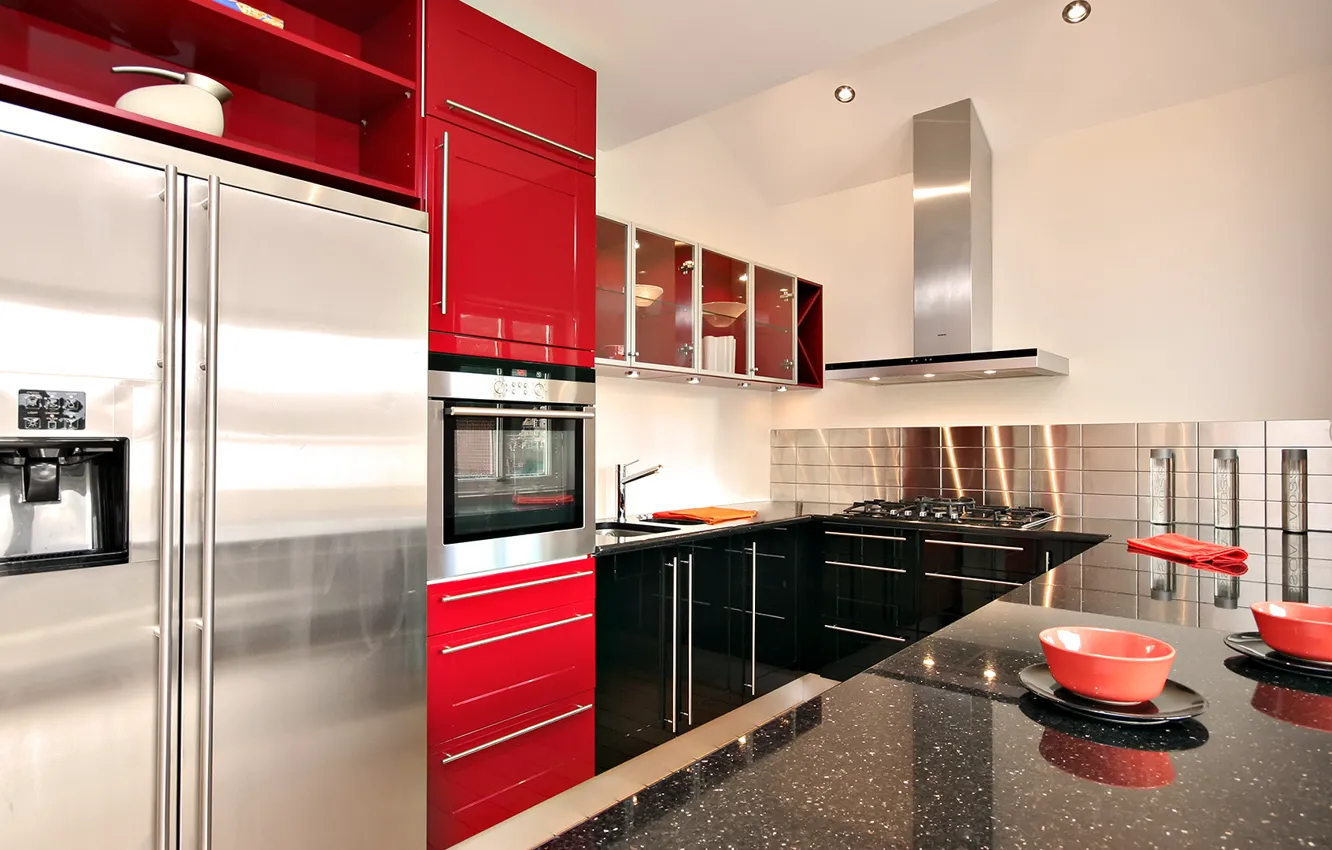 Photo wallpaper red, design, style, room, interior, kitchen, apartment