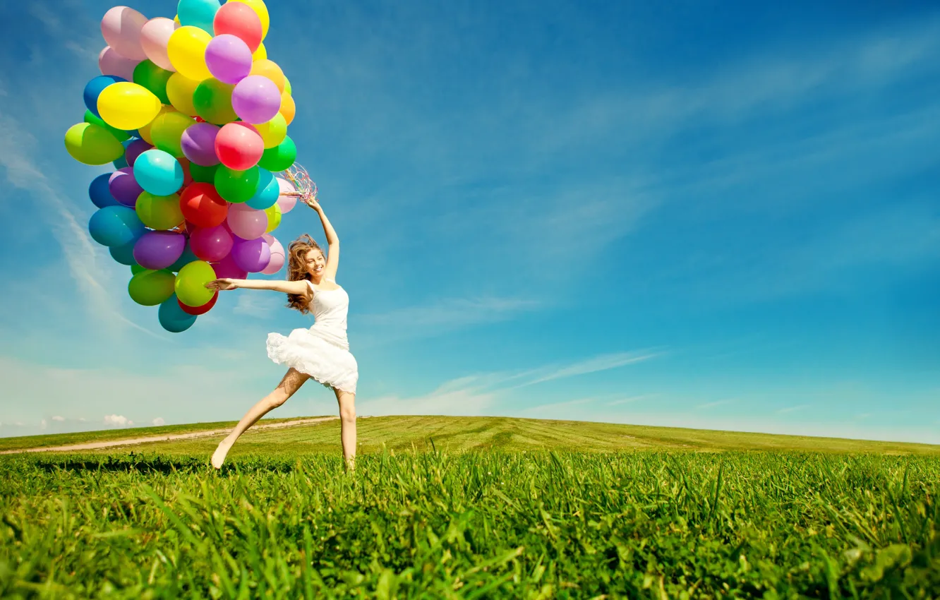 Wallpaper girl, joy, balloons, jump images for desktop, section настроения  - download
