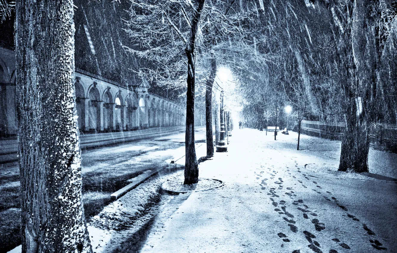 Wallpaper snow, night, the city, street, lights, alayka images for desktop,  section город - download