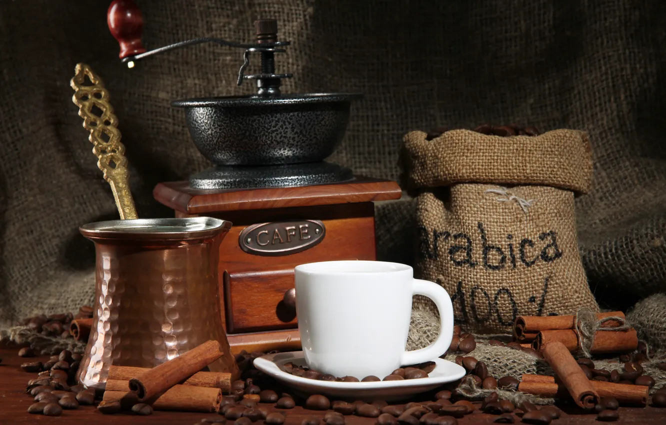 Photo wallpaper coffee, Cup, cinnamon, natural, Turk, coffee grinder, grain