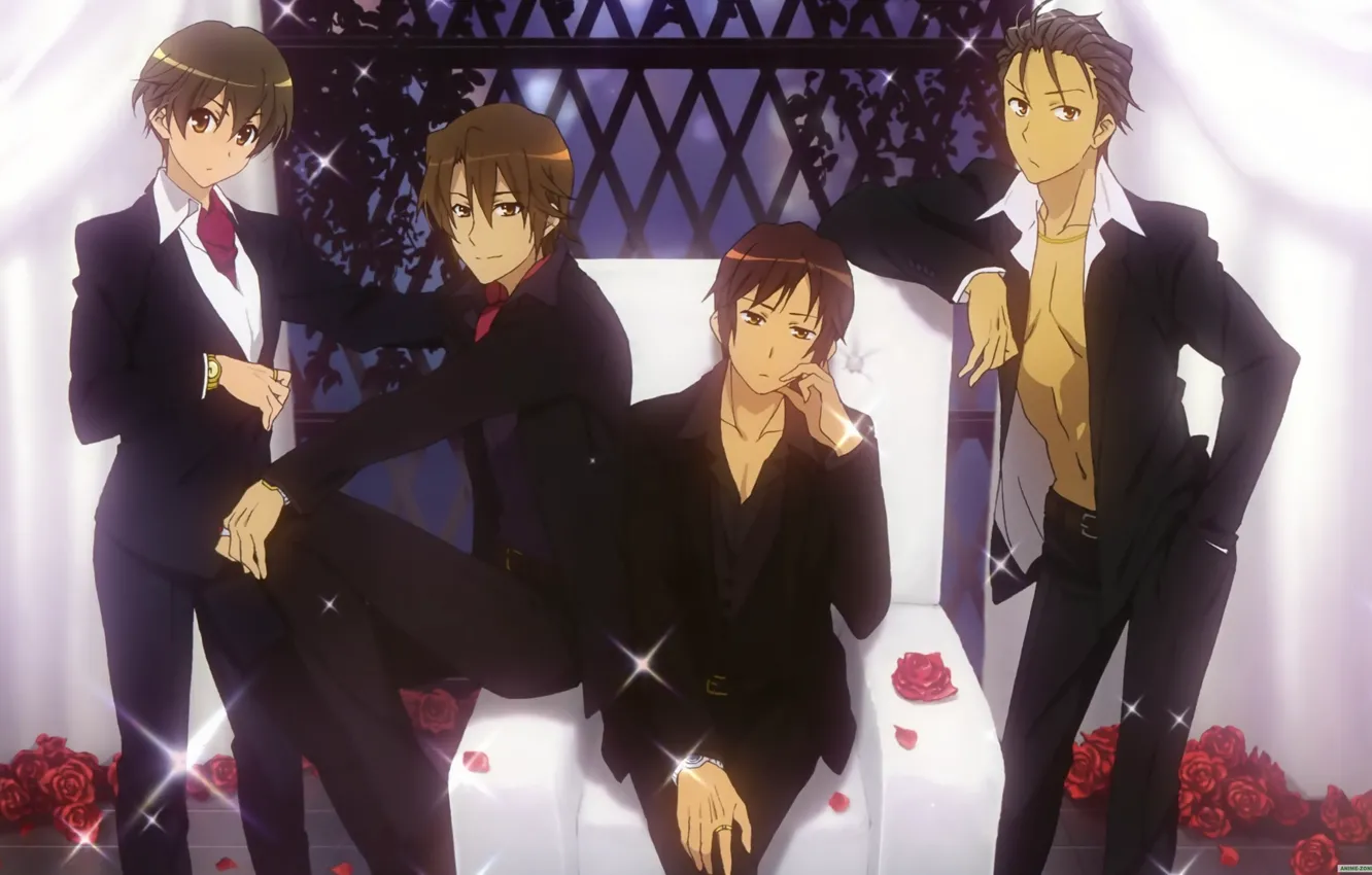 Photo wallpaper grille, guys, costumes, The Melancholy Of Haruhi Suzumiya, red roses, sitting in the chair, handsome, …