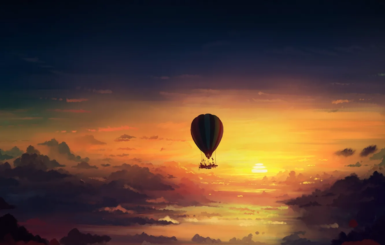 Wallpaper the sky, clouds, sunset, art, romantically apocalyptic, alexiuss,  apocalypse, Hot air balloon images for desktop, section фантастика -  download