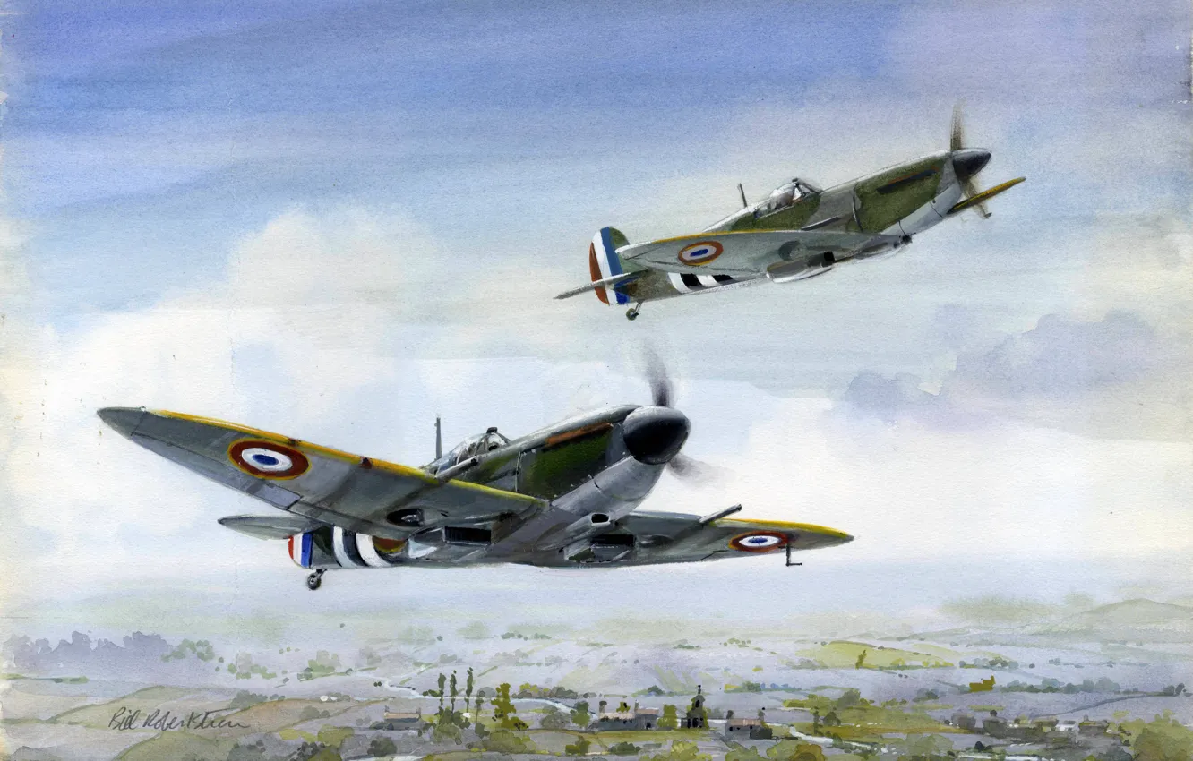 Photo wallpaper flight, figure, art, fighters, Spitfire, British, Free French