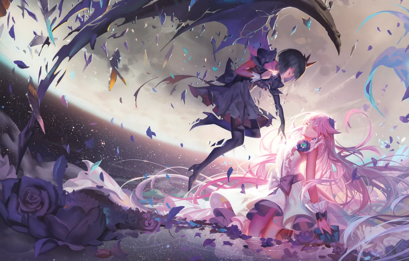 Wallpaper the sky, clouds, flowers, the city, girls, height, wings, anime,  art, dark precure, precure, heartcatch precure!, alphonse, white dature,  tsukikage yuri, cure moonlight images for desktop, section сэйнэн - download