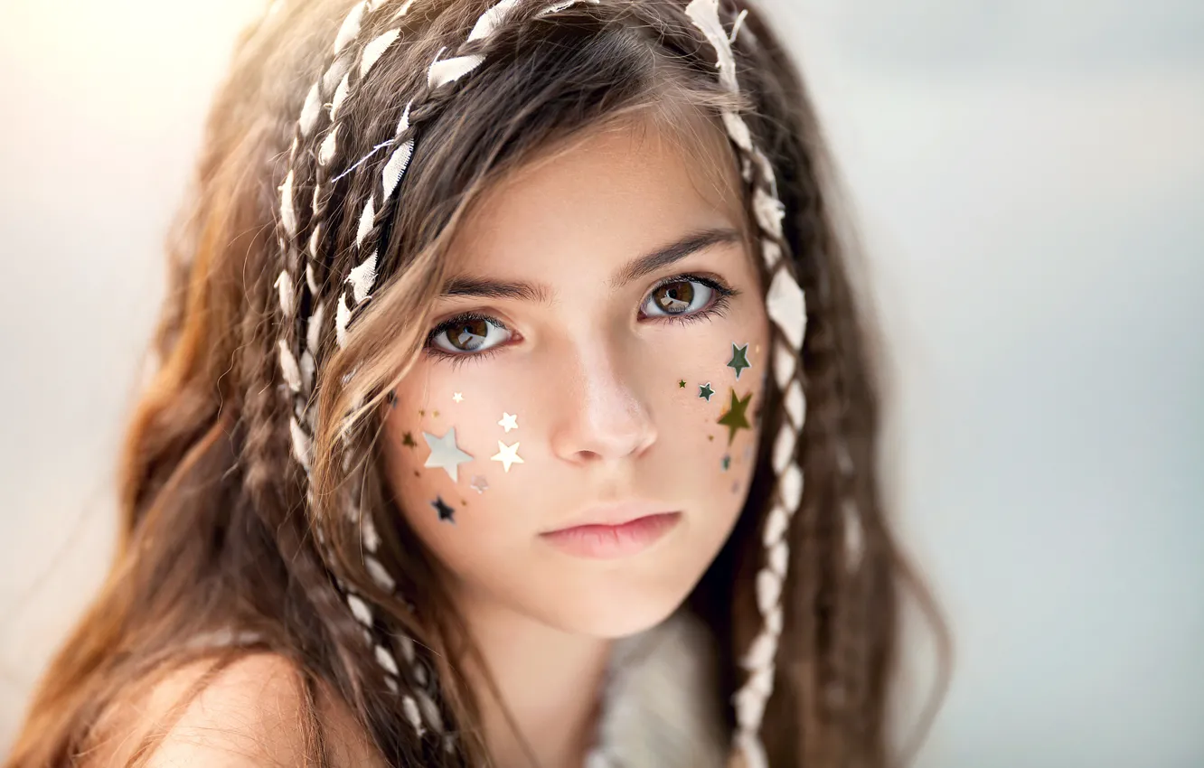 Photo wallpaper stars, girl, brown hair, brown eyes, brown-eyed, child photography, Like a star in the sky