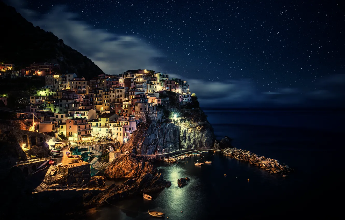 Photo wallpaper stars, night, the city, Italy, Italy, Night, Manarola, Liguria, The national Park of Cinque Terre, …