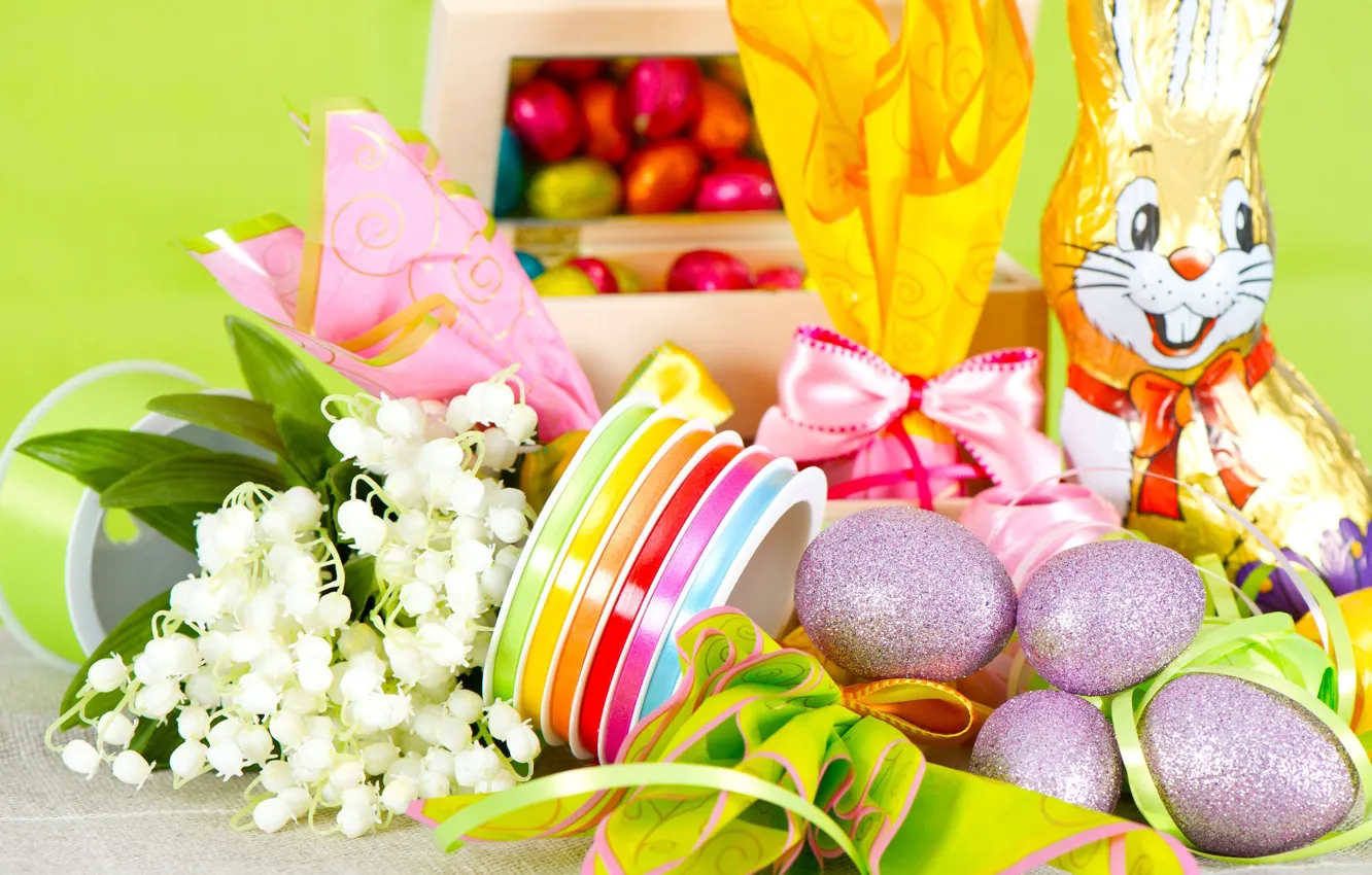 Photo wallpaper chocolate, eggs, Easter, gifts, lilies of the valley, braid, chocolate Bunny